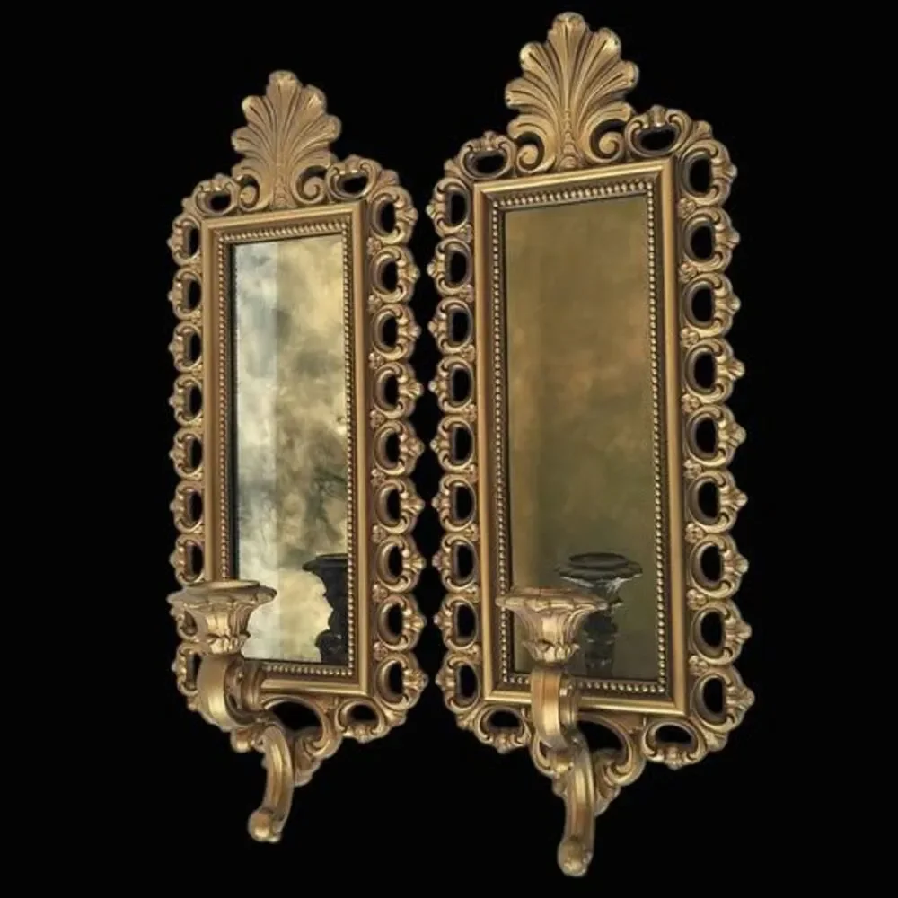 Vintage MCM Gold Smokey Mirror Candle Sconces - Pair